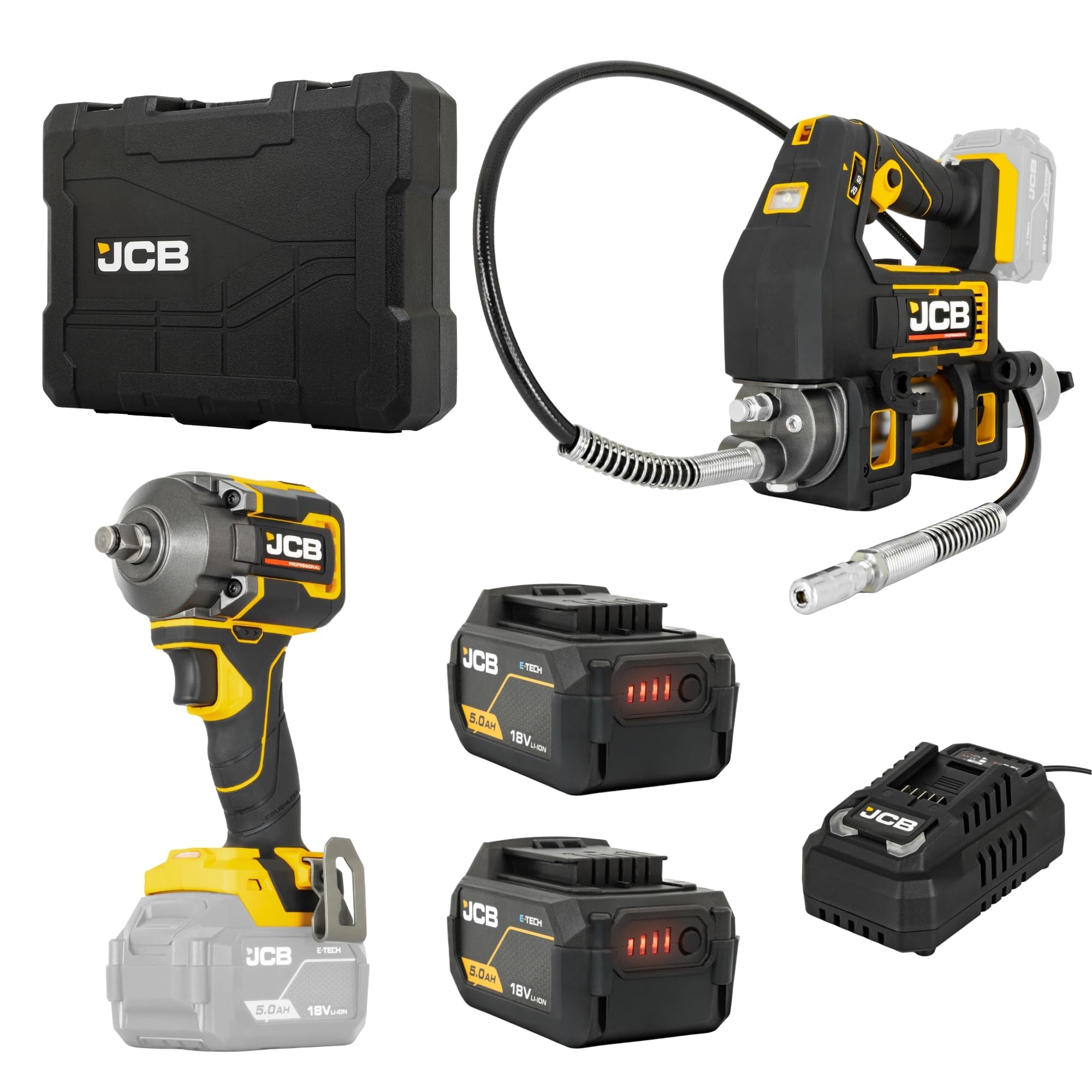 JCB Pro 18V with 1/2" Impact Wrench 620Nm + Cordless Grease Gun, 2× 5.0Ah Batteries & 4.5A Fast Charger, Supplied in Soft Tool Bag