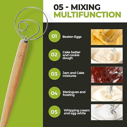 Miniatura 4 de LHU Batidor holandés danés original prémium para mejores recetas de masa de pan y rebozado, acero inoxidablemadera de haya, incluye cepillo de