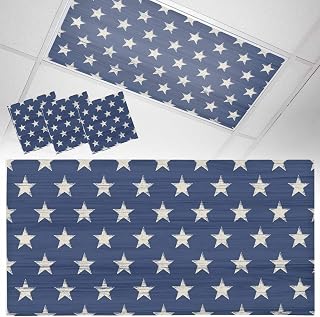 Fluorescent Light Covers for Drop Ceiling Memorial Day Patriotic Star White Blue Magnetic Light Filters, Retro Rustic Wood Plank Ceiling Shade Filters for Home Classroom Office,2x4 ft,3Packs