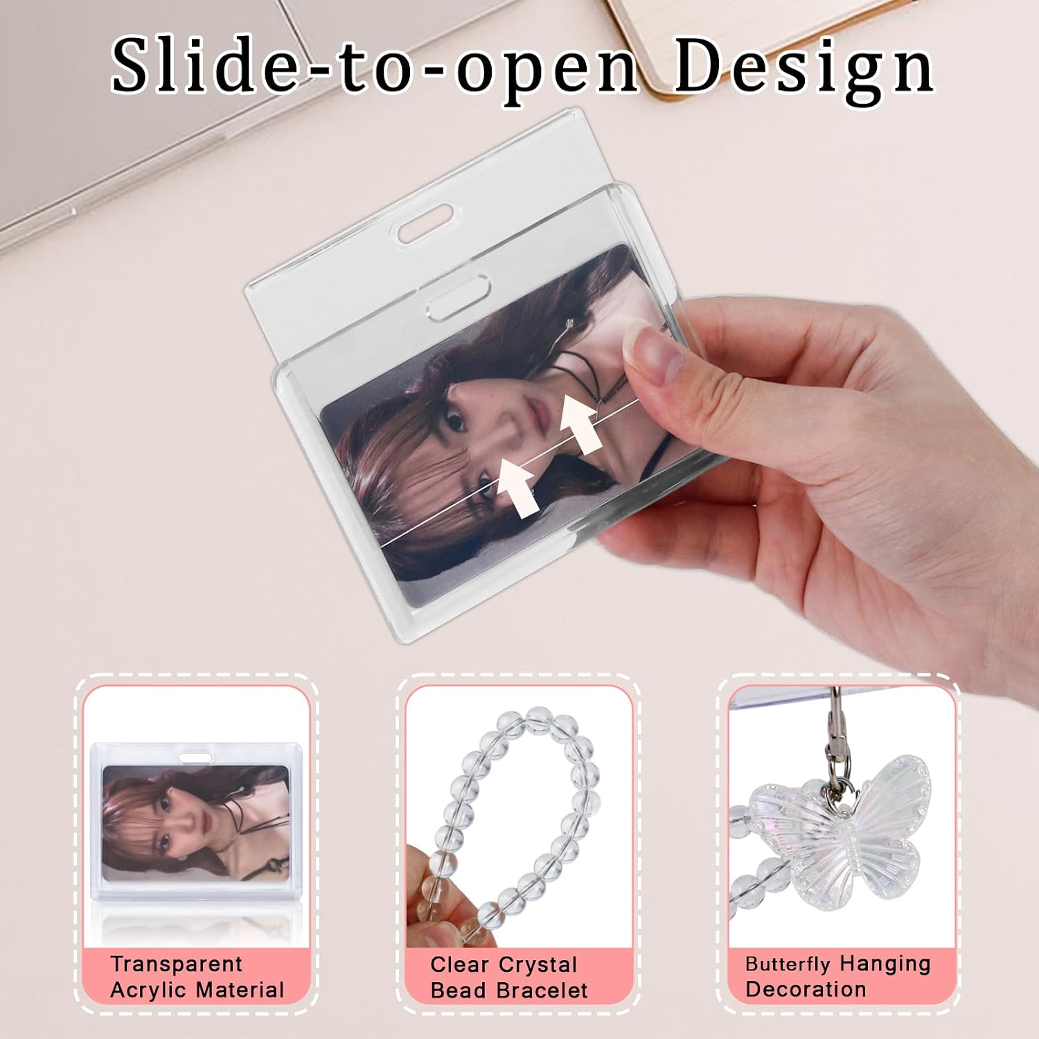 Acrylic Photocard Holder, 2x3 Inch Kpop Card Sleeve Keychain with Butterfly Pendant Landyard Transparent Keychain Badge Holder (Horizontal) image 3