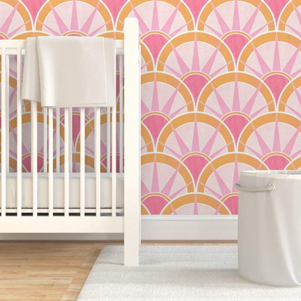 Spoonflower Removable Wallpaper 3ft x 2ft - Pink Orange Art Deco Fancy Fan Vintage Feminine Pastels Retro 1920S Custom Pre-Pasted Wallpaper