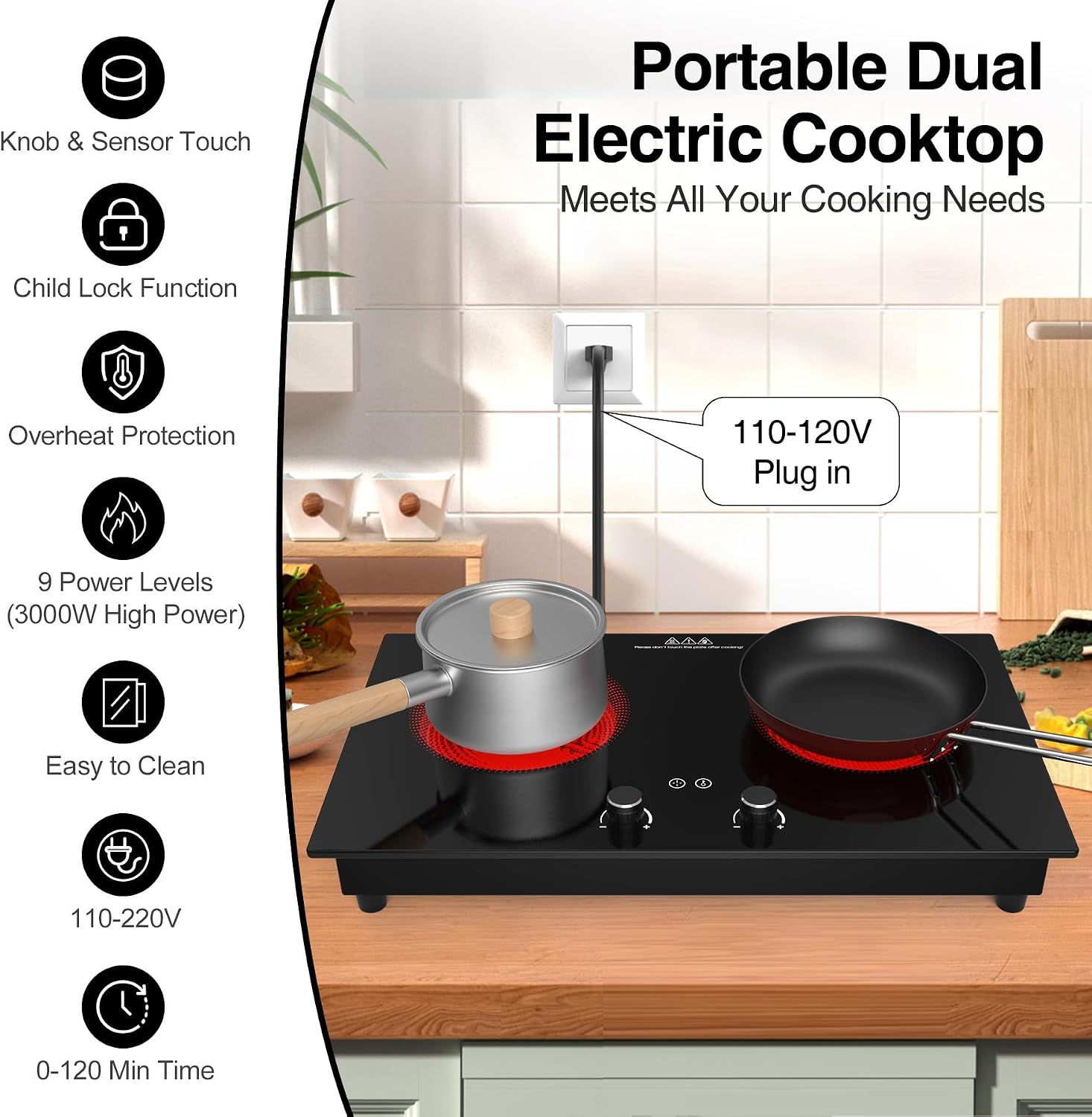  Electric Cooktop,3000W Electric Stove Top,Countertop and Built-in Hot Plate with Child Safety Lock, Timer, LED touch Knob Control,Overheat Protection,110V 2 Burner Induction Cooktop thumbnail