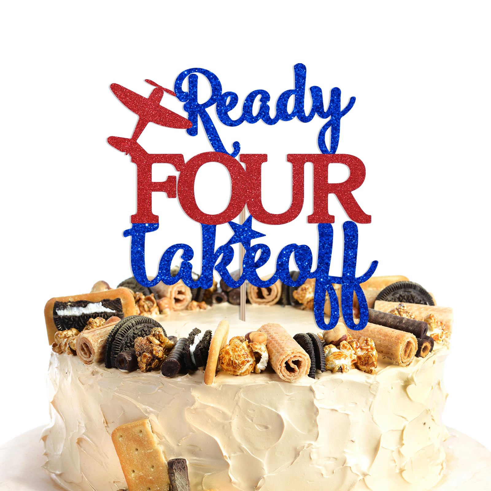 Ready Four Take Off Cake Topper - Airplane 4th Birthday Cake Decor, Ready Aviation Themed Plane Takes off 4th Birthday Party Decorations Blue & Red Glitter
