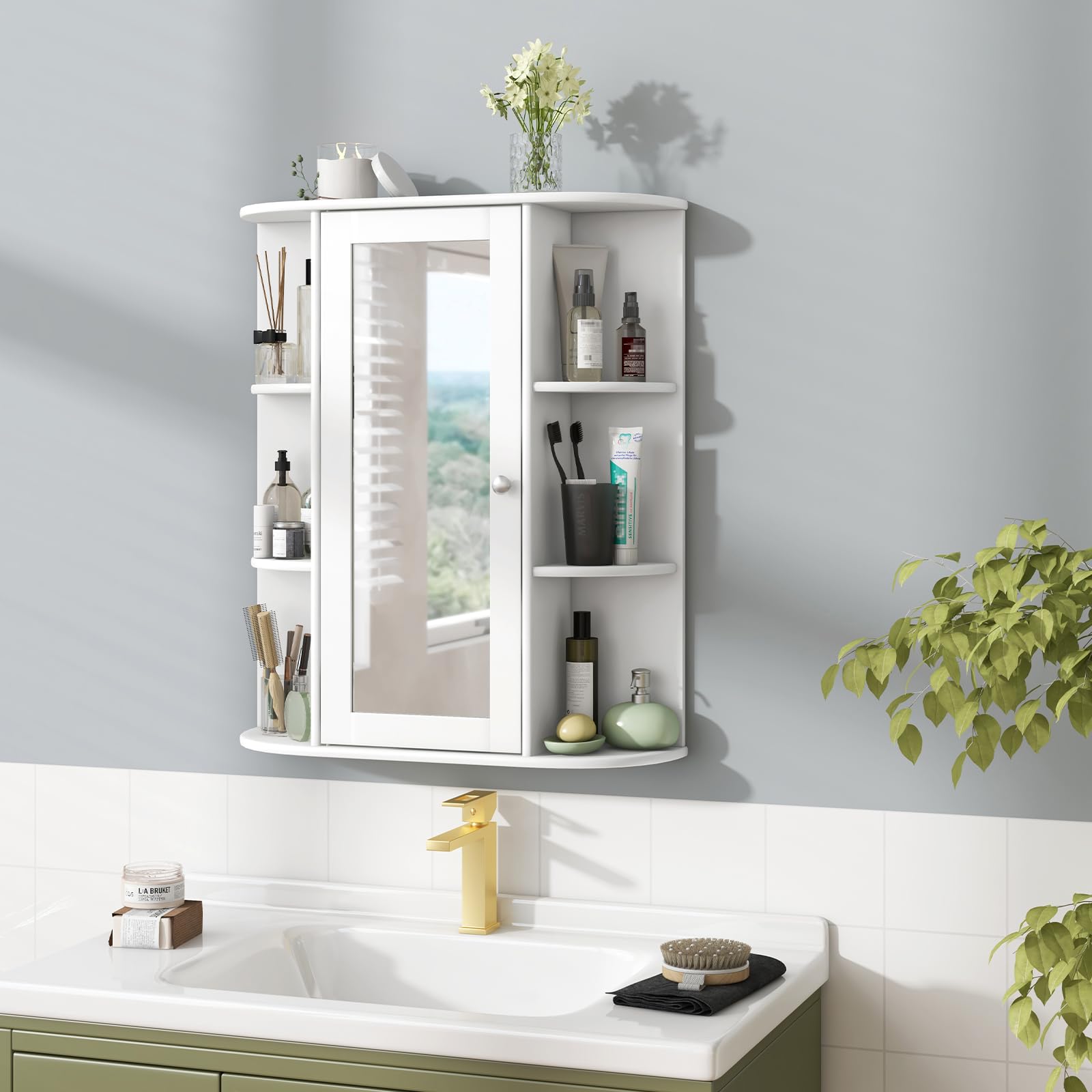 Tangkula Bathroom Medicine Cabinet, Wall Mounted Storage Cabinet with Mirror Door, Removable & 3 Adjustable Shelves, Wooden Hanging Wall Mirror Cabinet for Bathroom Living Room Laundry (White)