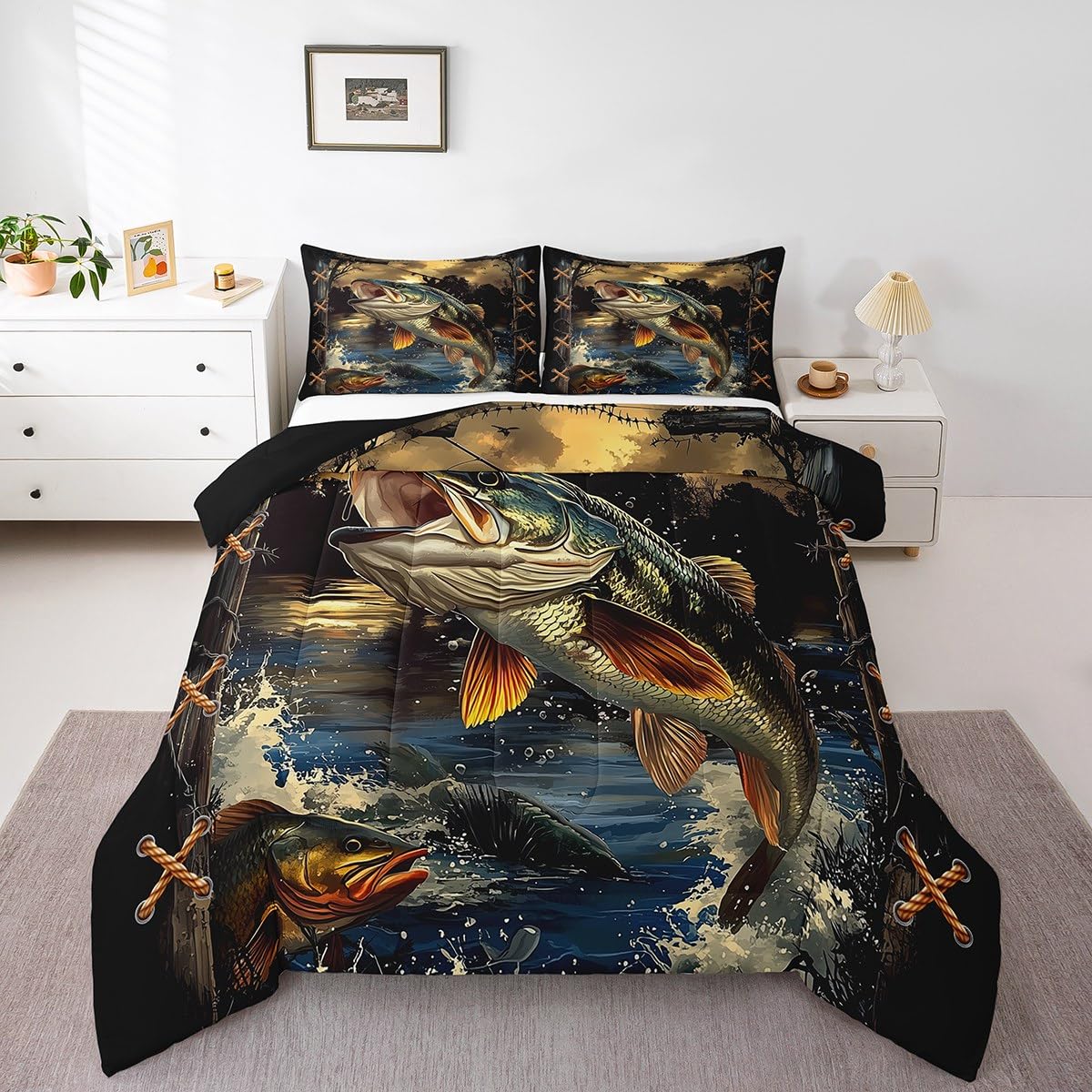 Feelyou Kids Bass Big Fish Comforter Set Twin Size Pike Fish Bedding Set Boys Girls Fishing and Hunting Quilt Set Fisherman Fish Man Lake Bed Set : Home & Kitchen