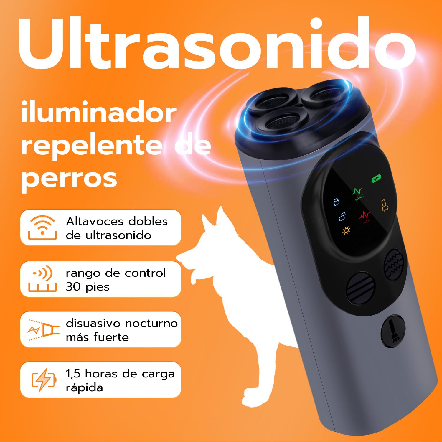 Mcbazel Ahuyentador de Perros, Dispositivo Ultrasónico Antiladridos de Largo Alcance 30 Pies, con 2 Modos de Ultrasonido y Linterna Estroboscópica, para la Mayoría en Interiores y Exteriores