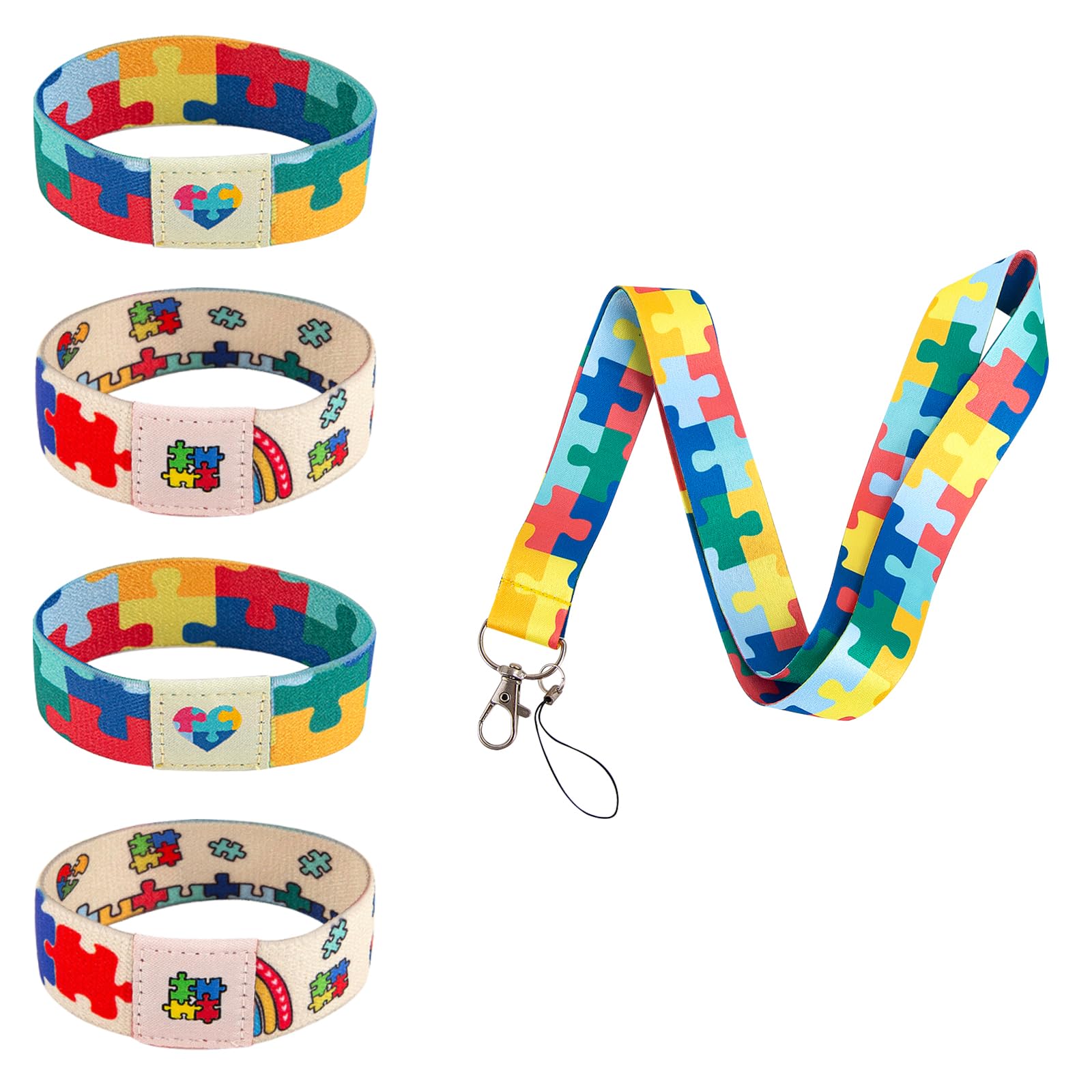 4 Pcs Autism Awareness Bracelet and a Mobile Phone Lanyard, Elastic Puzzle Autistic Jewelry Stretch Wristband, Colorful Motivational Jewelry for Women Men Adults