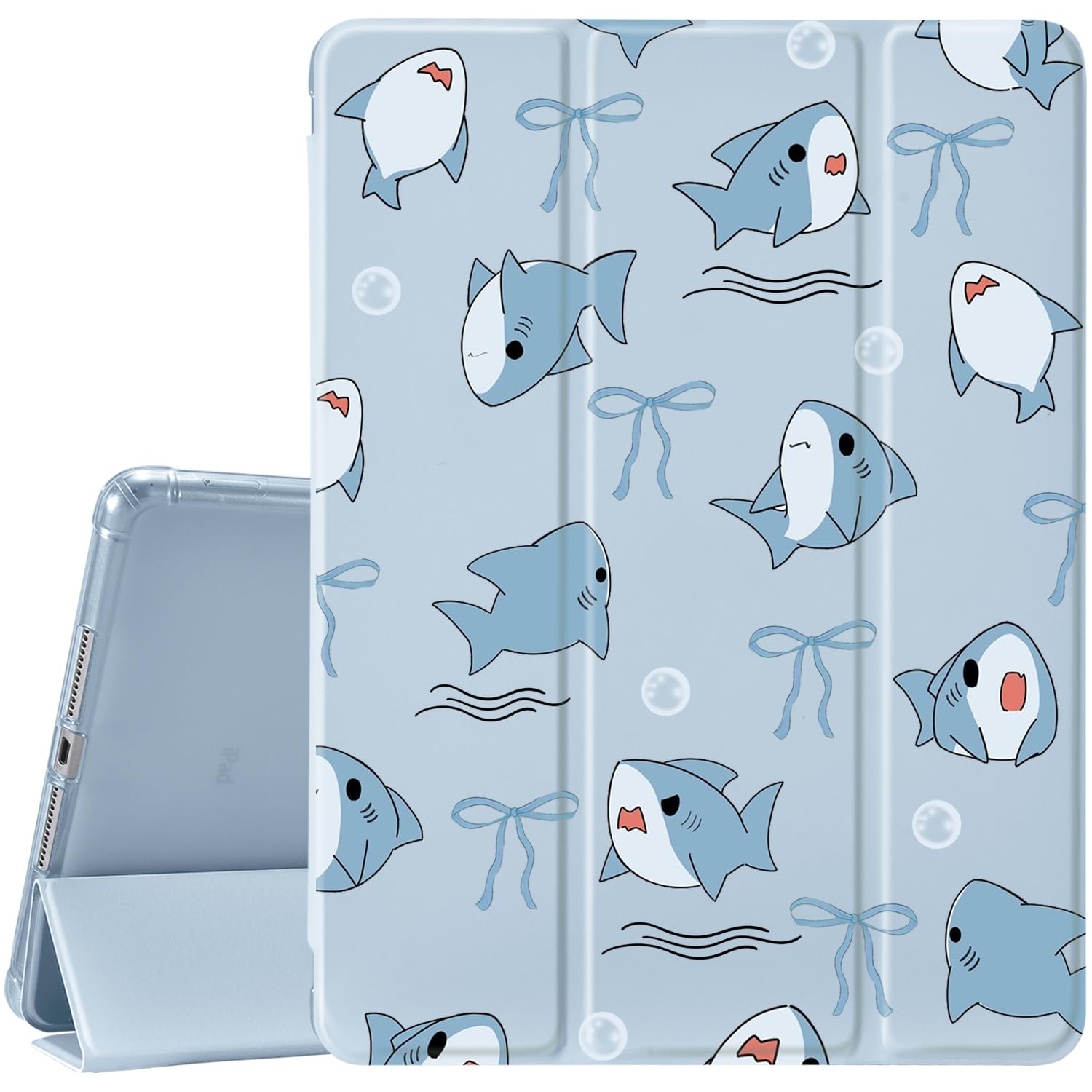 CozyNestCYCute Bow Sharks Case for 10.9 Inch Ipad 10Th Gen Cartoon Sea Animal Cover for Ipad Auto Sleep/Wake Adjustable Anti-Slip Shockproof