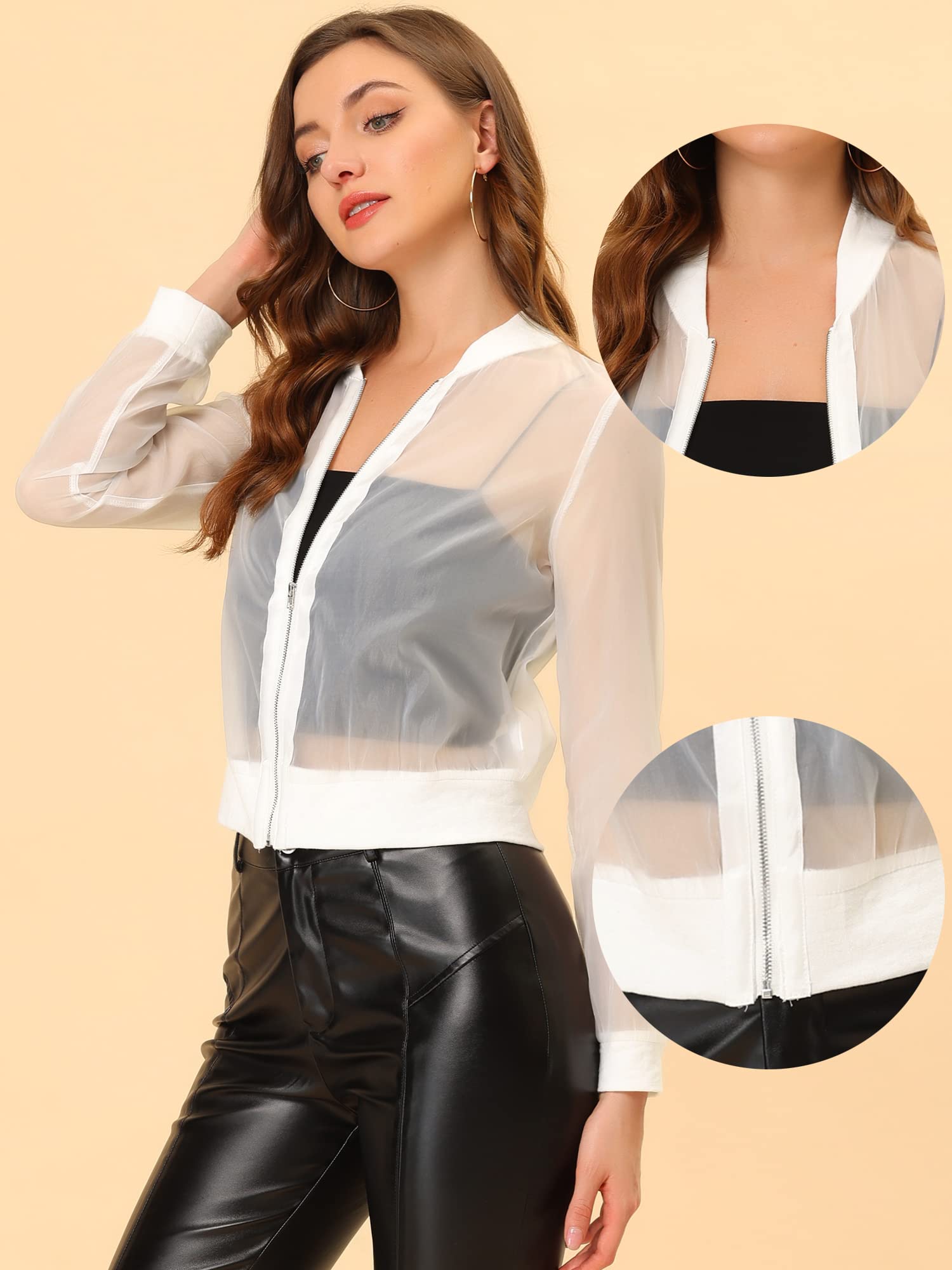Allegra K Damen Sommer Jacke Langarm Reißverschluss Durchsichtige Transparente Leichte Bomberjacke
