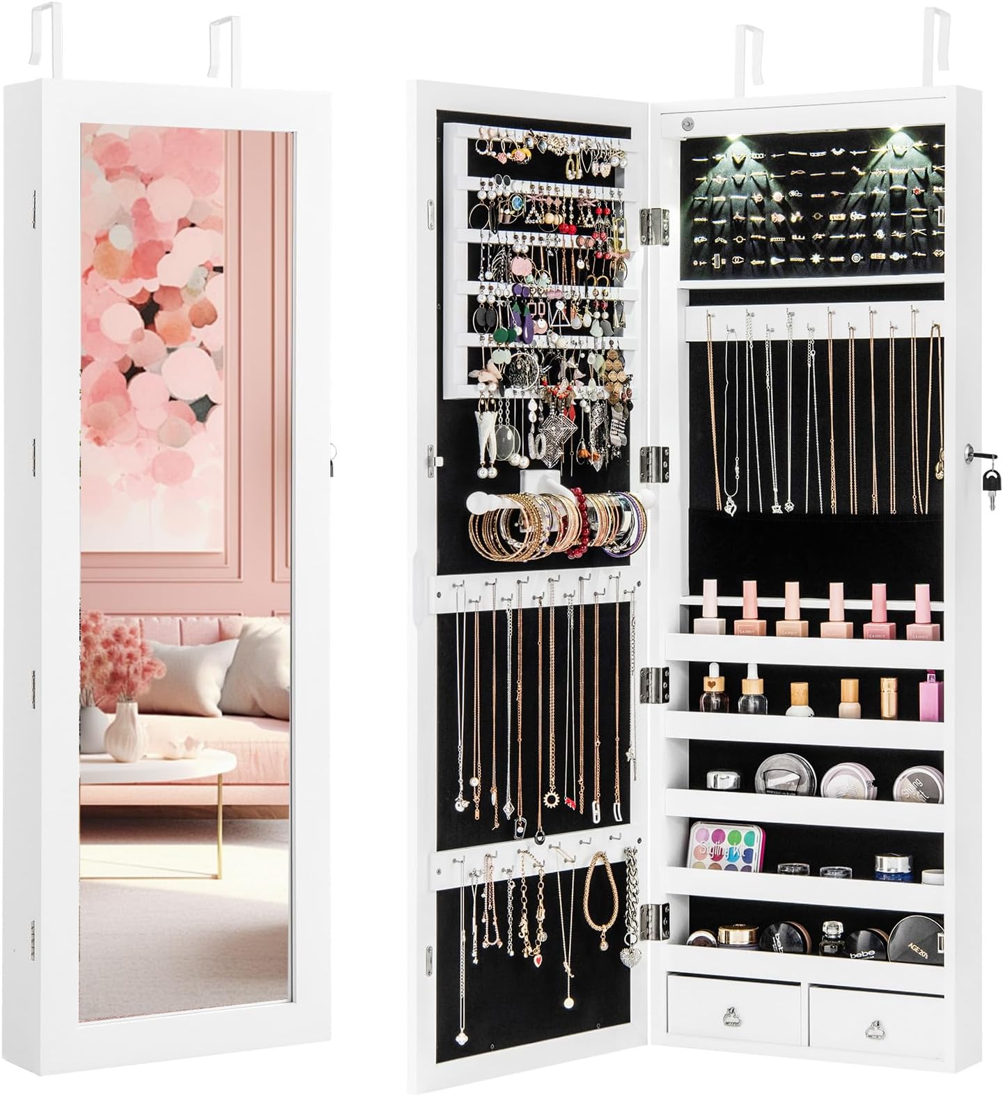 Wall or Door Mounted Jewelry Armoire with Full Length Mirror, 42.5"