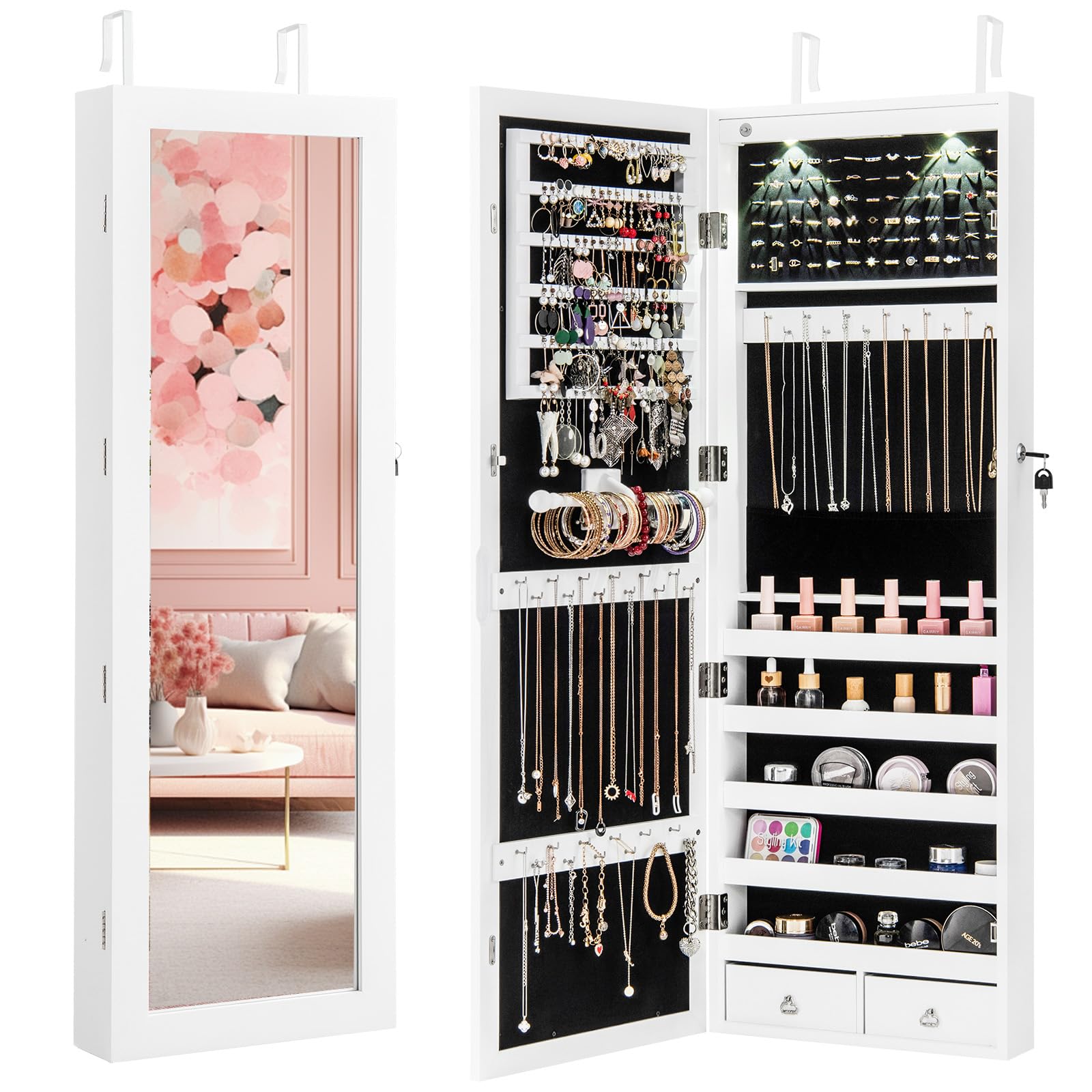 Giantex Jewelry Armoire Wall Door Mounted, Lockable Jewelry Cabinet with 42.5'' Full Length Mirror, 2 LEDs Jewelry Organizer Box with 2 Drawers, Mirror with Jewelry Storage (White)