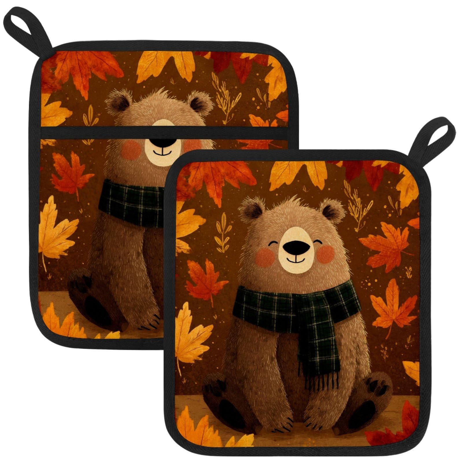 VAPOKF Maple Bear Pot Holders with Pocket for Kitchen Heat Resistant Potholders Large Polyester-Cotton Square Oven Mitts Set