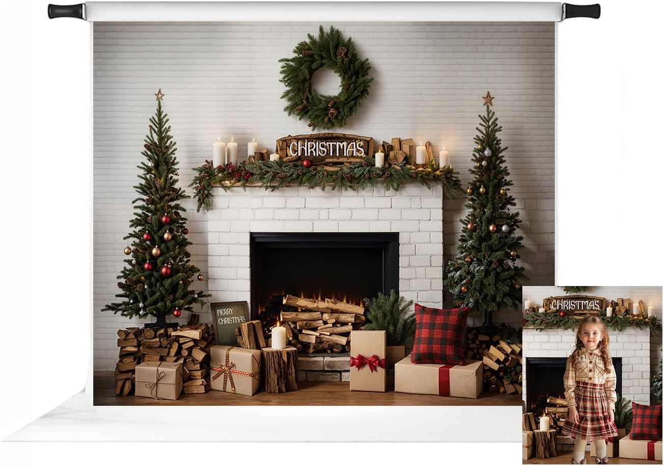 Kate Christmas Fireplace Photo Backdrop Modern Cool White Brick Background Christmas Tree Gifts Photo Background Studio Props,7x5ft