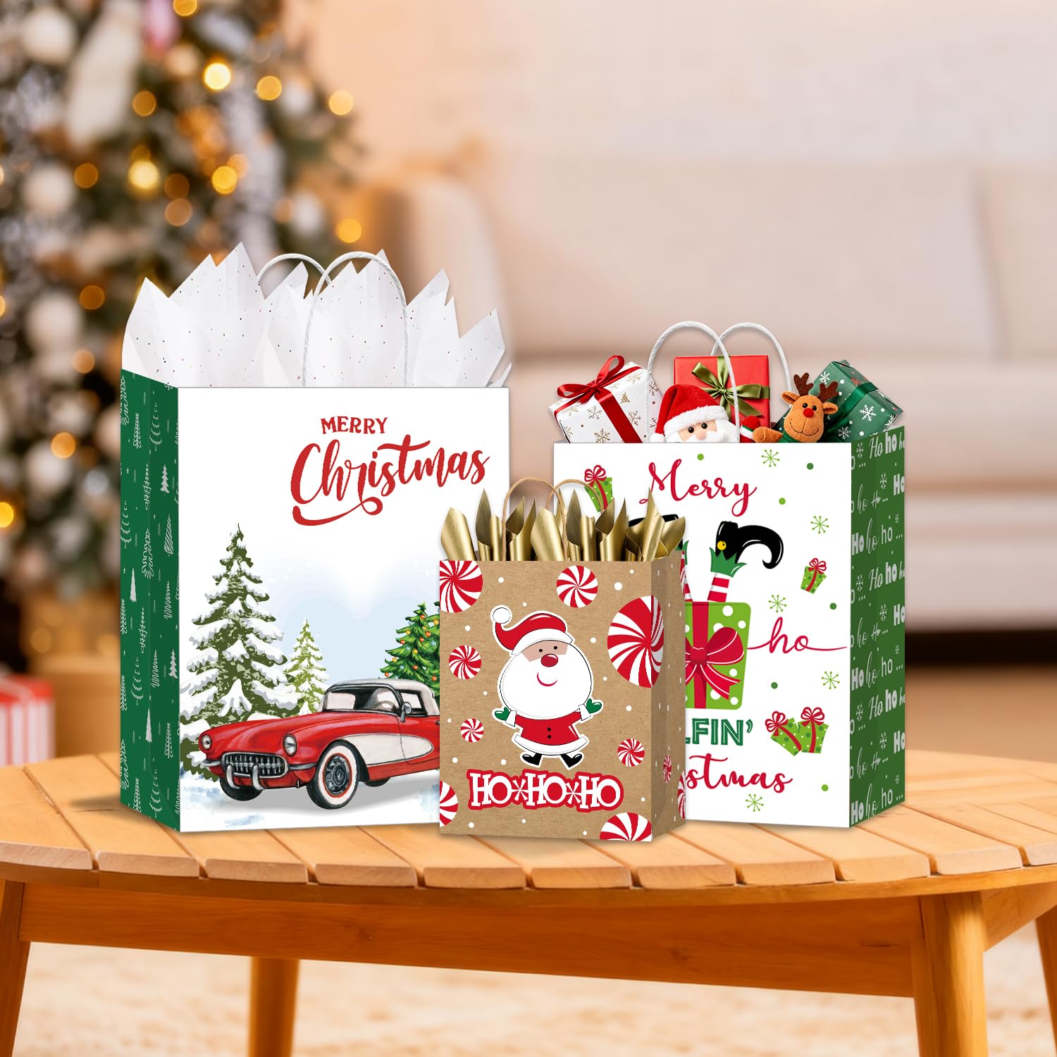 Nimbbex Confezione da 24 sacchetti di carta kraft per regali di Natale, con manici, dimensioni assortite, per feste di Natale, confezioni regalo di Natale (8 Jumbo, 8 grandi, 8 medi)
