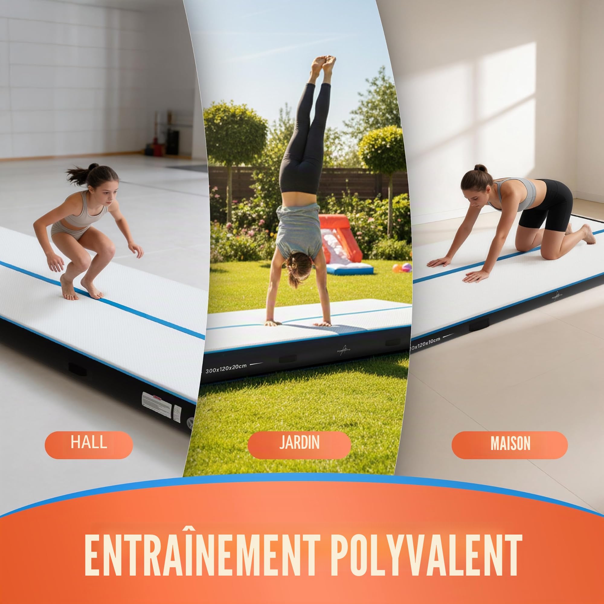 AthleticPro Airtrack Tapis de gymnastique gonflable pour gymnastique au sol et acrobatie avec pompe électrique, kit de réparation et sac de hauteur, pour