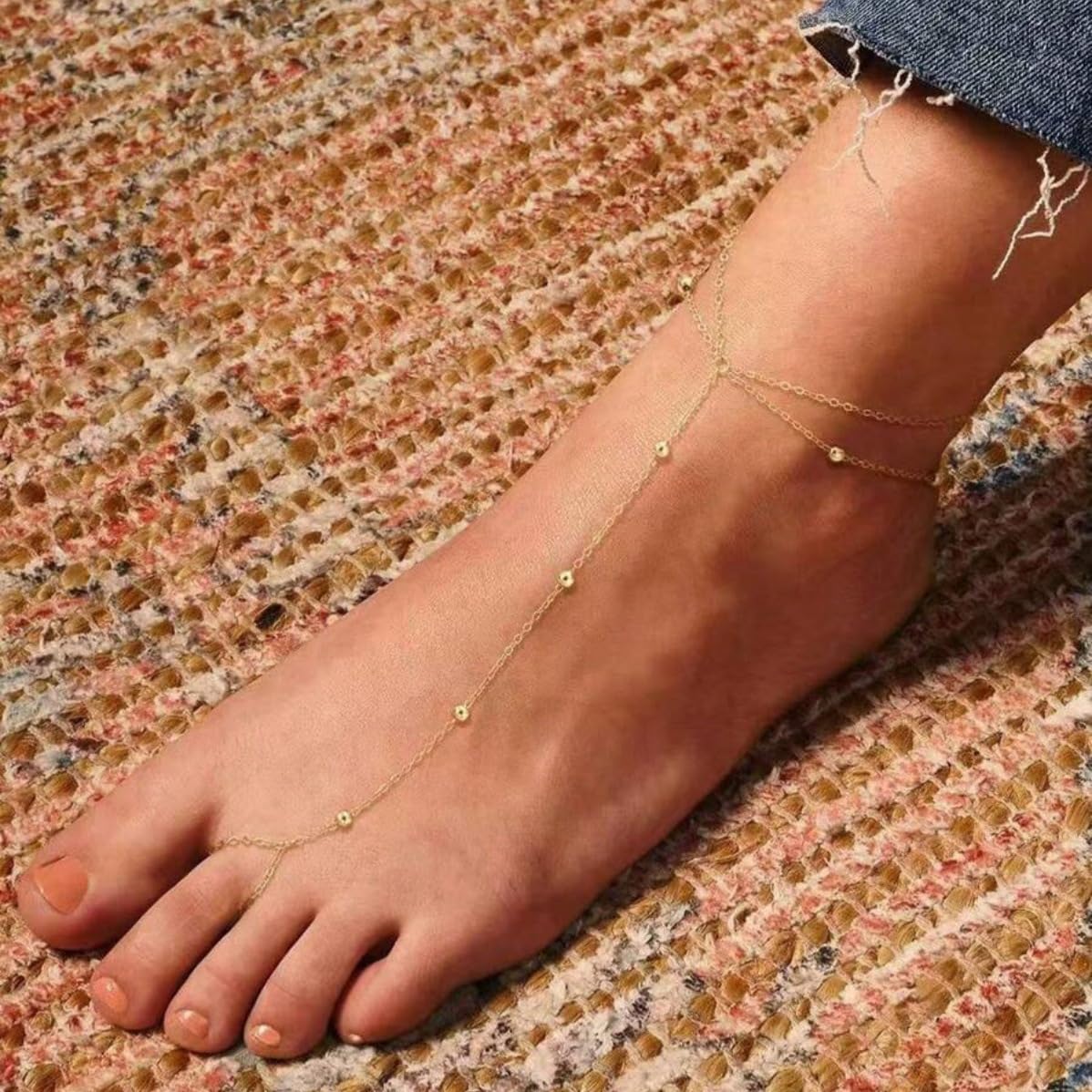 14K Gold Plated Beaded Ankle Chain with Toe Ring | Minimalist Foot Jewelry for Beach & Everyday Wear