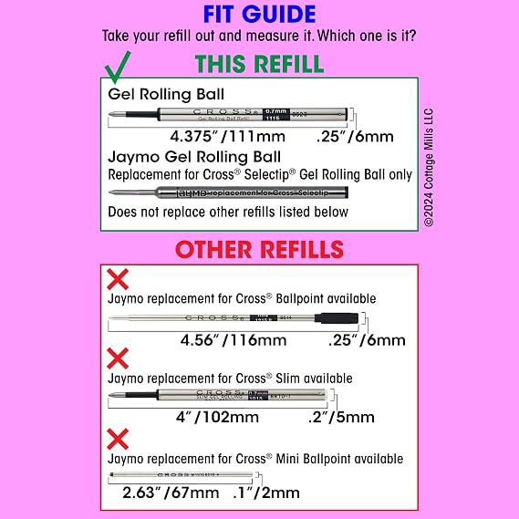 Jaymo Replacement for Cross Selectip 8521 - Measures 4.375 in / 111 mm Long - Gel Rolling Ball Pen Refill - 12 Blue