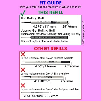 Jaymo Replacement for Cross Selectip 8521 - Measures 4.375 in / 111 mm Long - Gel Rolling Ball Pen Refill - 12 Blue