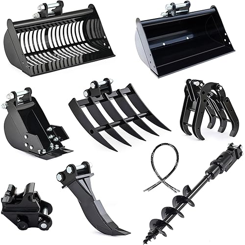 MMS Mini Excavator Attachments Kit, 8 in 1 Excavator Accessories Includes 7.87'' Narrow Bucket, Quick Coupler, Ripper, Rake, Grapple, 8'' Auger, 24'' Flat Bucket & 32'' Screening Buckets, US Stock