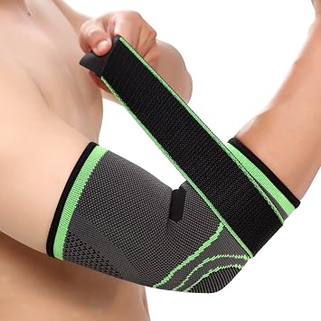 Elbow Brace Compression Support Sleeve with Adjustable Strapping for Pain Relief, Meniscus Tear, Arthritis, Injury, Running, Joint Pain M, Green