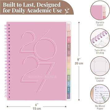 Rileys 2026-2027 Deco Academic Planner, 20x15cm (Pink) | Notes Pages, Twin-Wire Binding, Weekly Agenda for School & Work