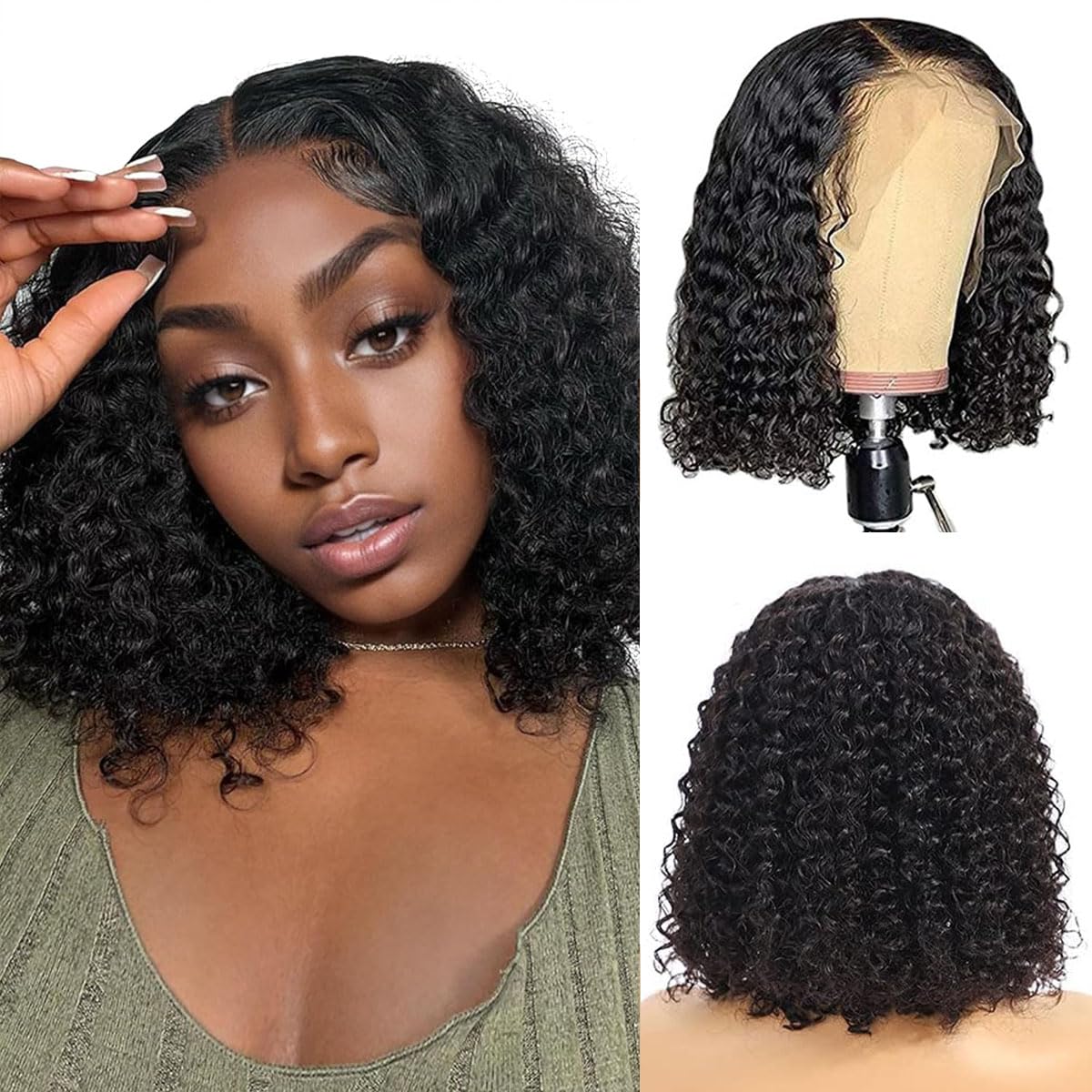 Bob Wig Human Hair for Black Women 13x4 Lace Front Human Hair Wigs Deep Curly Bob Brazilian Virgin Pre Plucked Natural Hairline HD Transparent Lace Frontal Wig Natural Colour 12 inch