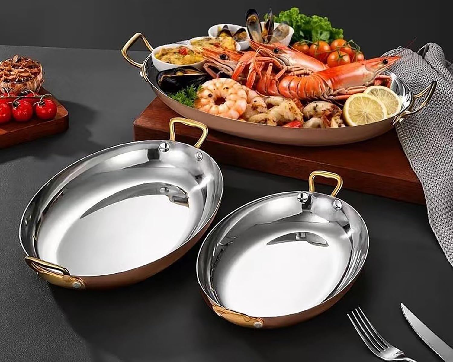 Paella Cooker Stainless Steel Paella Pan with Handles Oval Spanish Paella Pan, Stainless Steel Seafood Paella Pan Cookware for Homes,Silver,Large