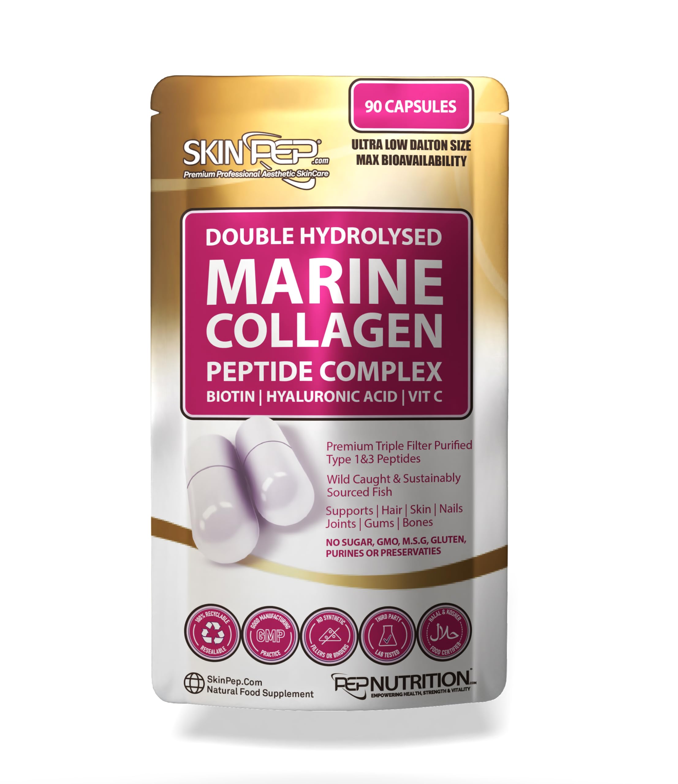 Marine Collagen Pure 100% Type 1 Hydrolysed Collagen Peptides Enhanced with Hyaluronic Acid & Vitamin C -Essential Amino Acids - Collagen Supplements for Women and Men by SkinPep (90 Capsules)