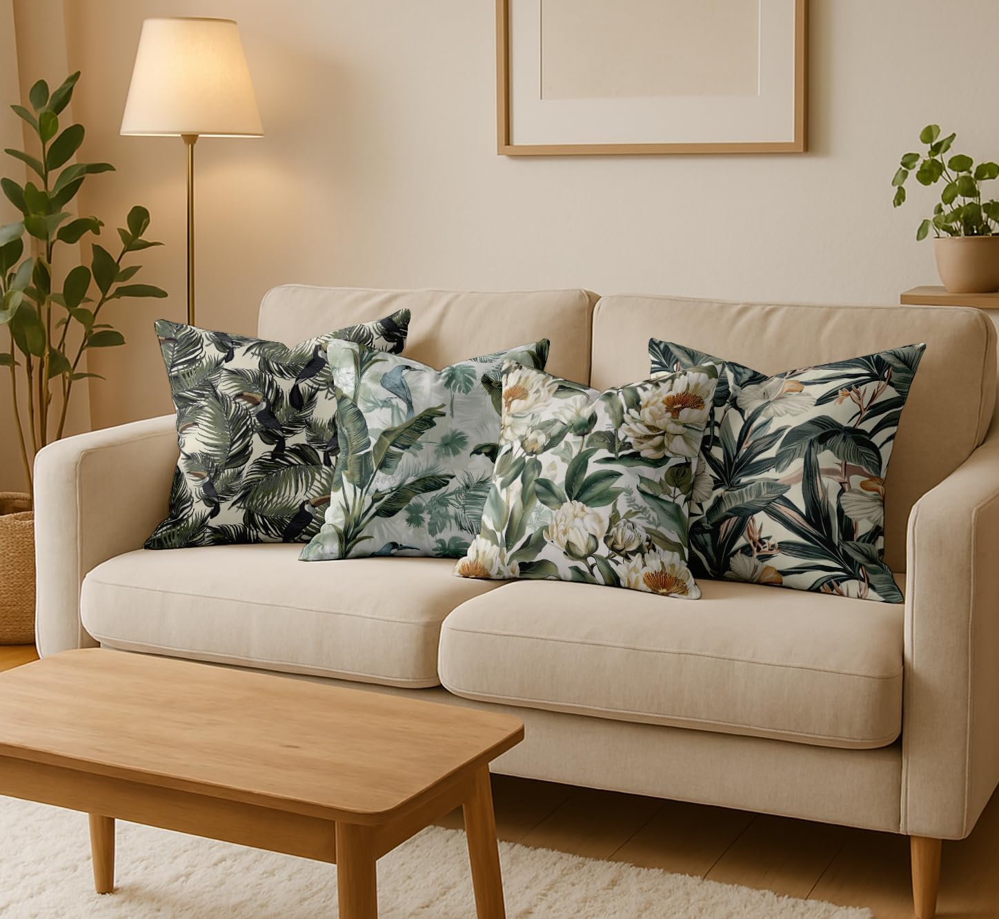 Green Cotton Cushion Covers Set of 4, 16x16 Inch, Dual-Sided Print, Hidden Zipper Closure - Tropical Print