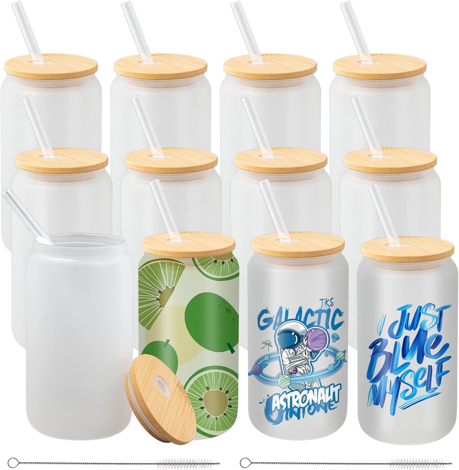 12 Pack Sublimation Glass Cans, 16oz Frosted Sublimation Beer Can with Wooden Lid, Clear Mason Jar Tumbler Cups Mugs with Glass Straw for Beer, Iced Coffee, Juice, Soda, Drinks