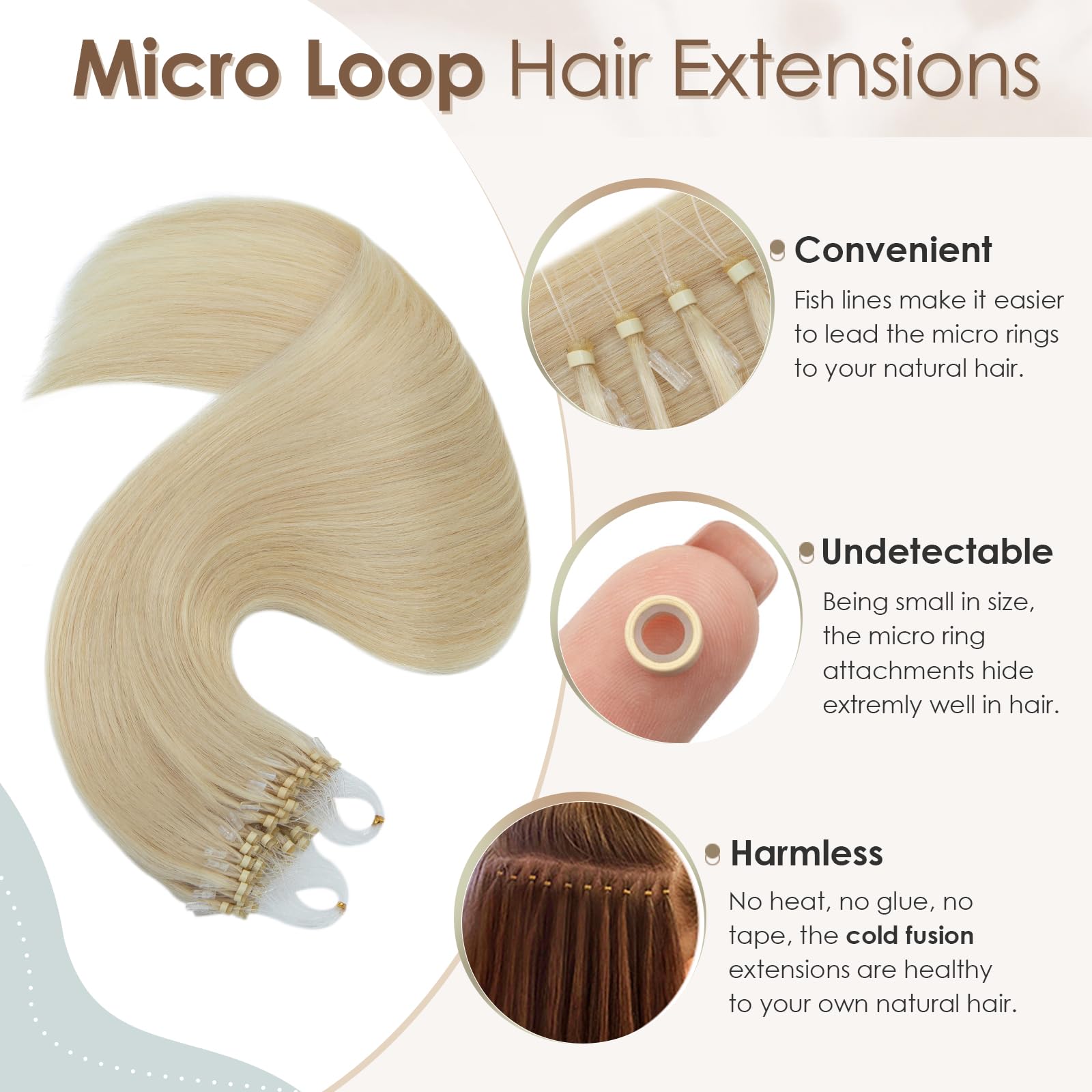 Elailite Micro Loop Hair Extensions Real Human Hair 1g/s 50 Strands 50g With Micro Ring Beads Remy Hair Straight (#60 Platinum Blonde - Image 2