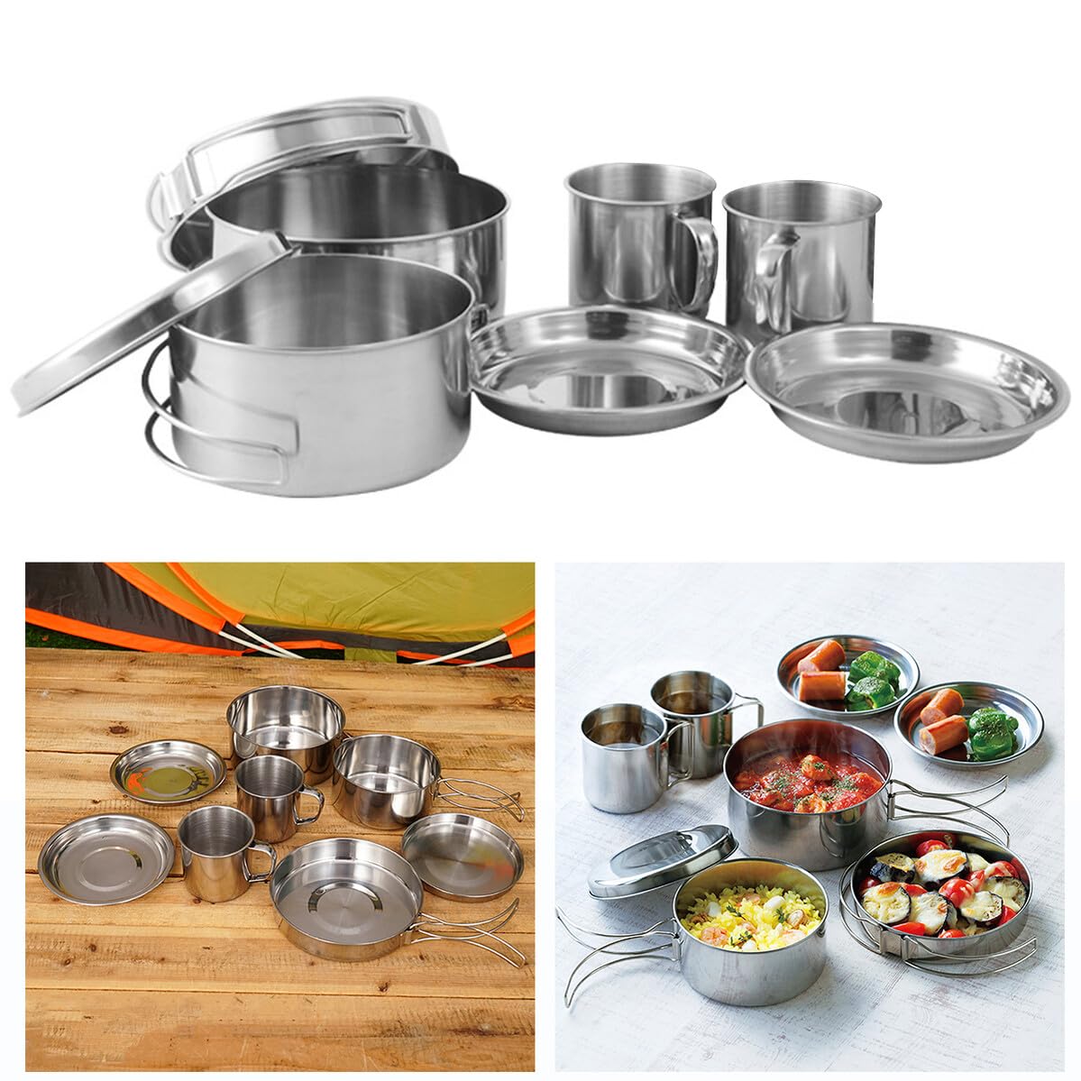 ULTECHNOVO Set Poêle D'ustensiles Cuisine de Camping en Acier Inoxydable Marmite et Assiettes Pliables, pour Randonnée et Camping en Plein Air