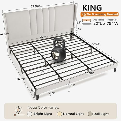 Miniatura 2 de GTPLAYER Base de cama tamaño King, base de cama tapizada con cabecera alta USB tipo C con respaldo de alas, tela de terciopelo suave, no necesita