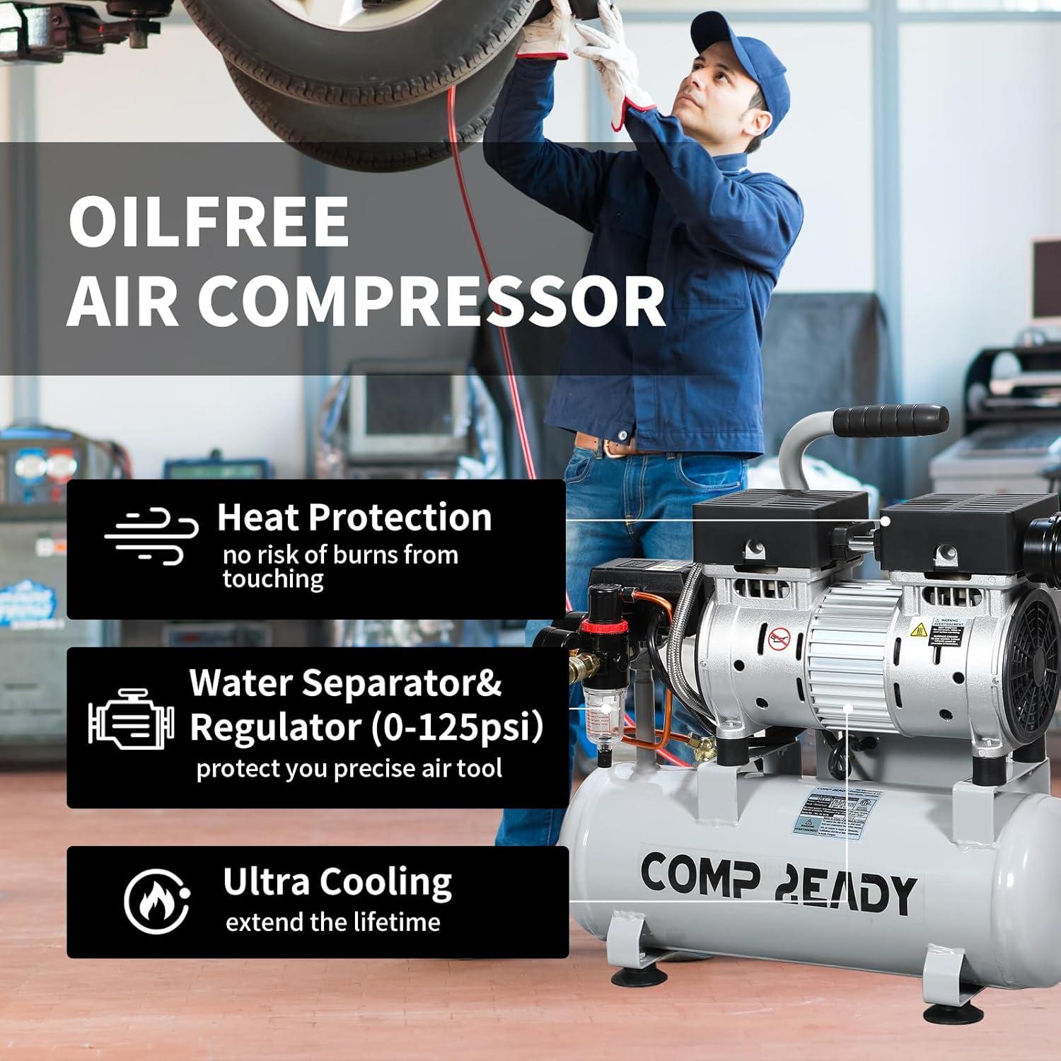 8 Gallon Portable Air Compressor 1HP 2.5 CFM@90PSI 60dB Ultra Quiet Oil Free Air Compressor Ideal for Tire Inflation Pneumatic Tool Spray Painting - Image 4