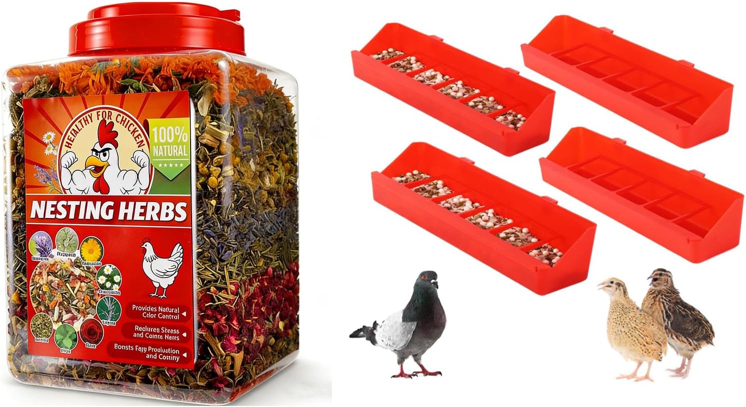 4 Pack No Mess Quail Feeder+24.7oz Chicken Nesting Herbs