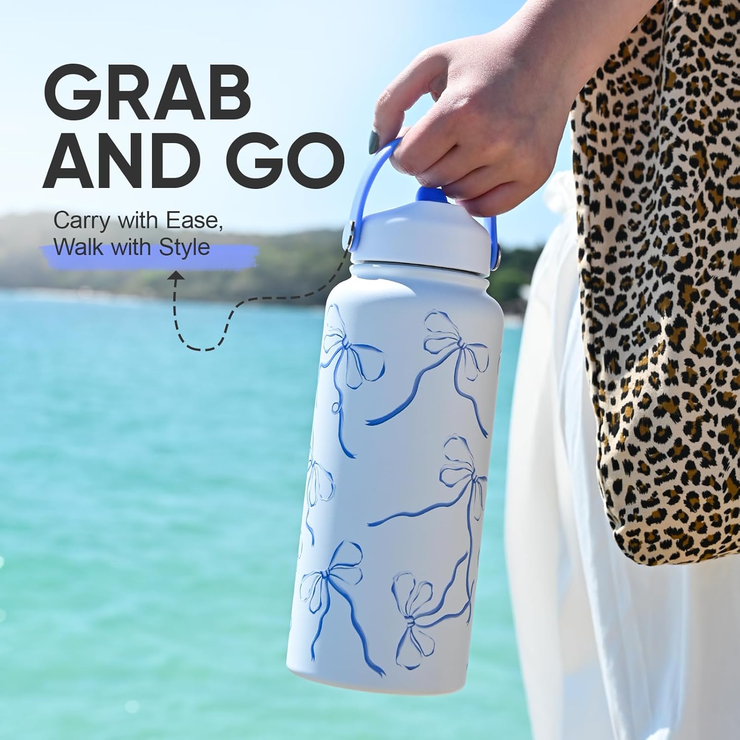 32 oz Insulated Water Bottle with Straw, Bow Water Bottle Stainless Steel with Flip Straw and Handle, Leak Proof, Metal, Reusable, Wide Mouth, for Travel, Gym and School (Breeze Blue Bow) - Image 4