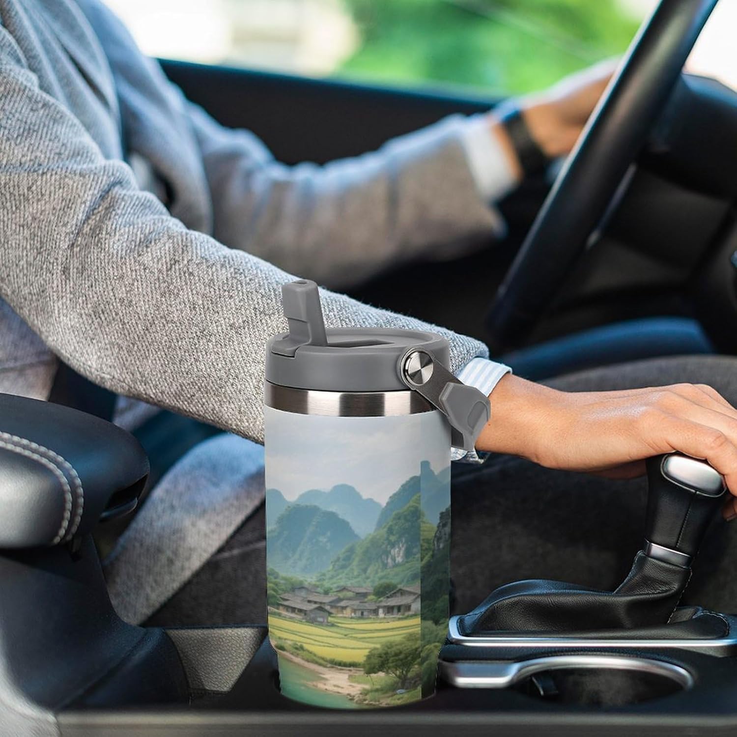 30 Oz Insulated Mug with Handle Lid And Straw Lijiang River Landscape Pattern Large Metal Sports Bottle Great for Gifts Parties Office Coffee