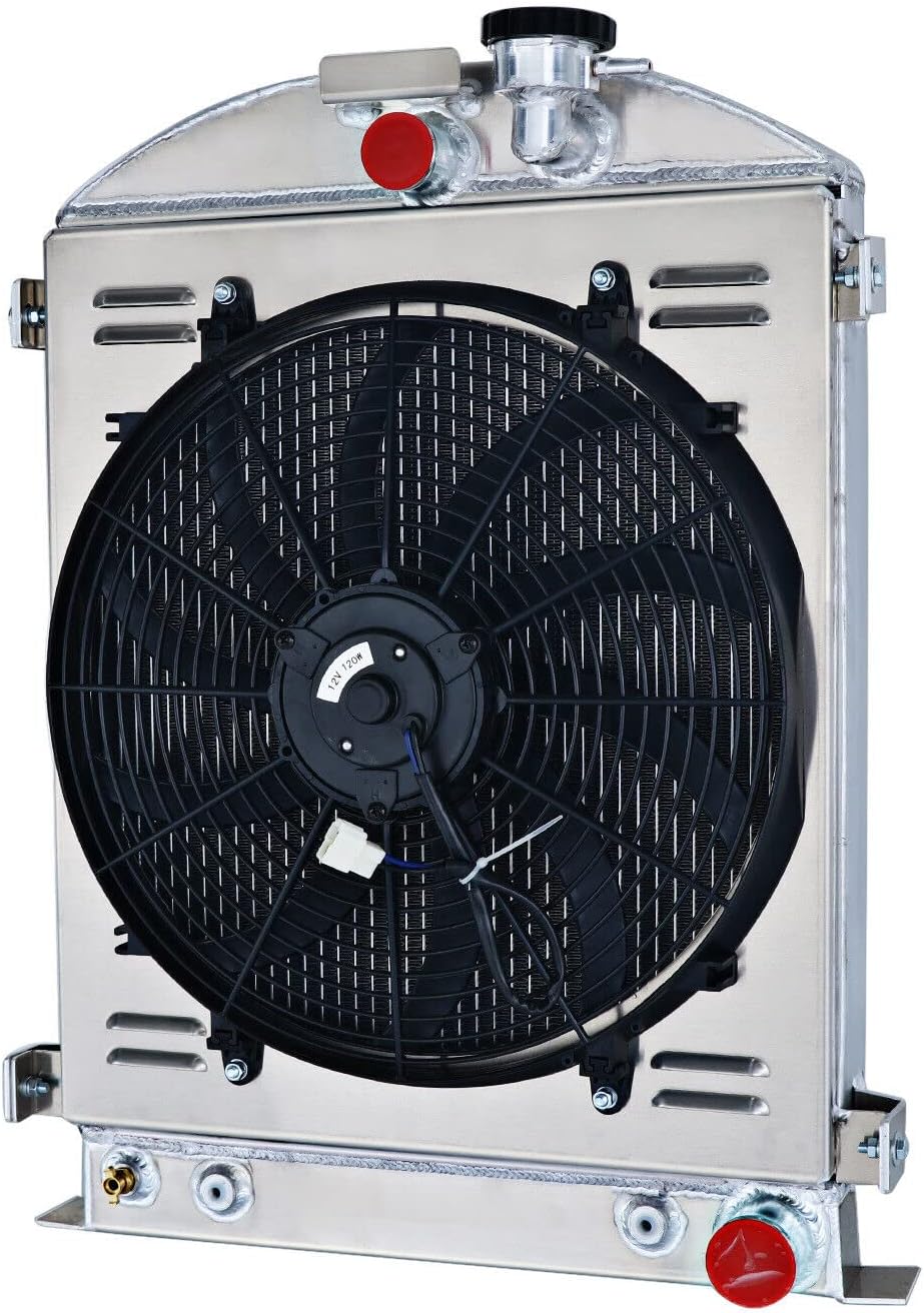 3 Row Radiator For 1928 1929 1930 1931 Ford Model A Grille Shells Chevy GM V8, Aluminum 3 Row Core Downflow Radiators Shroud 16" Fans Relay AT
