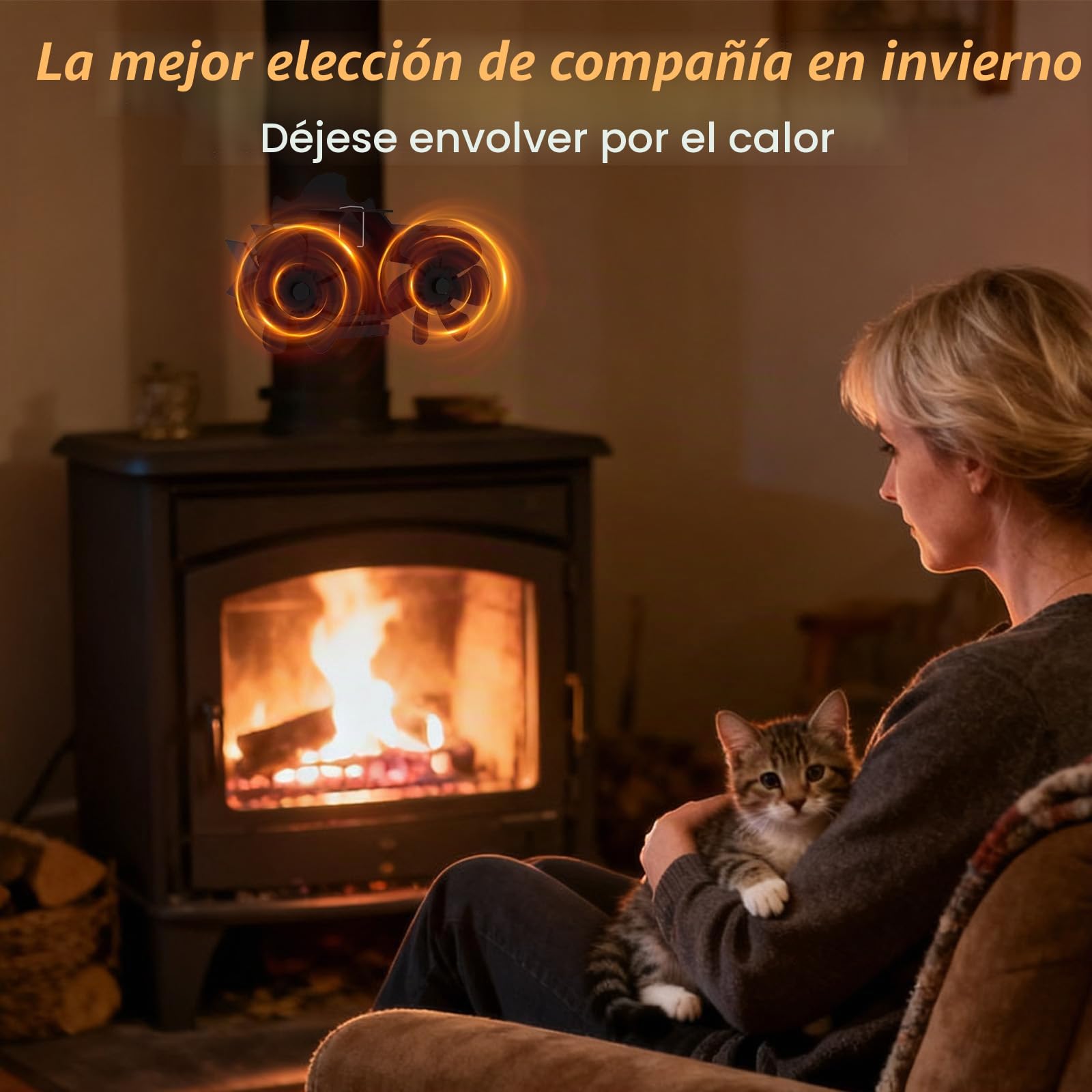 Ventilador magnético de doble cabeza para estufa con 12 aspas accionado térmicamente sin fuente de alimentación con termómetro