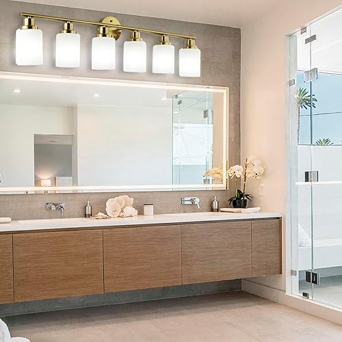 Miniatura 6 de YAO BANG Lámparas de baño sobre espejo dorado cepillado, 6 luces inoxidables para tocador de baño, luces de baño, persianas de vidrio blanco