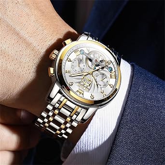 OLEVS Wristwatch, Men's, Fashionable, Business Watch, Waterproof, Analog Quartz, Silver, Popular Men's Watch, Stainless Steel Band, Date and Day, Roman Dial, Pressure Resistant, Easy to Read