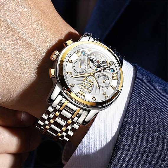 OLEVS Wristwatch, Men's, Fashionable, Business Watch, Waterproof, Analog Quartz, Silver, Popular Men's Watch, Stainless Steel Band, Date and Day, Roman Dial, Pressure Resistant, Easy to Read