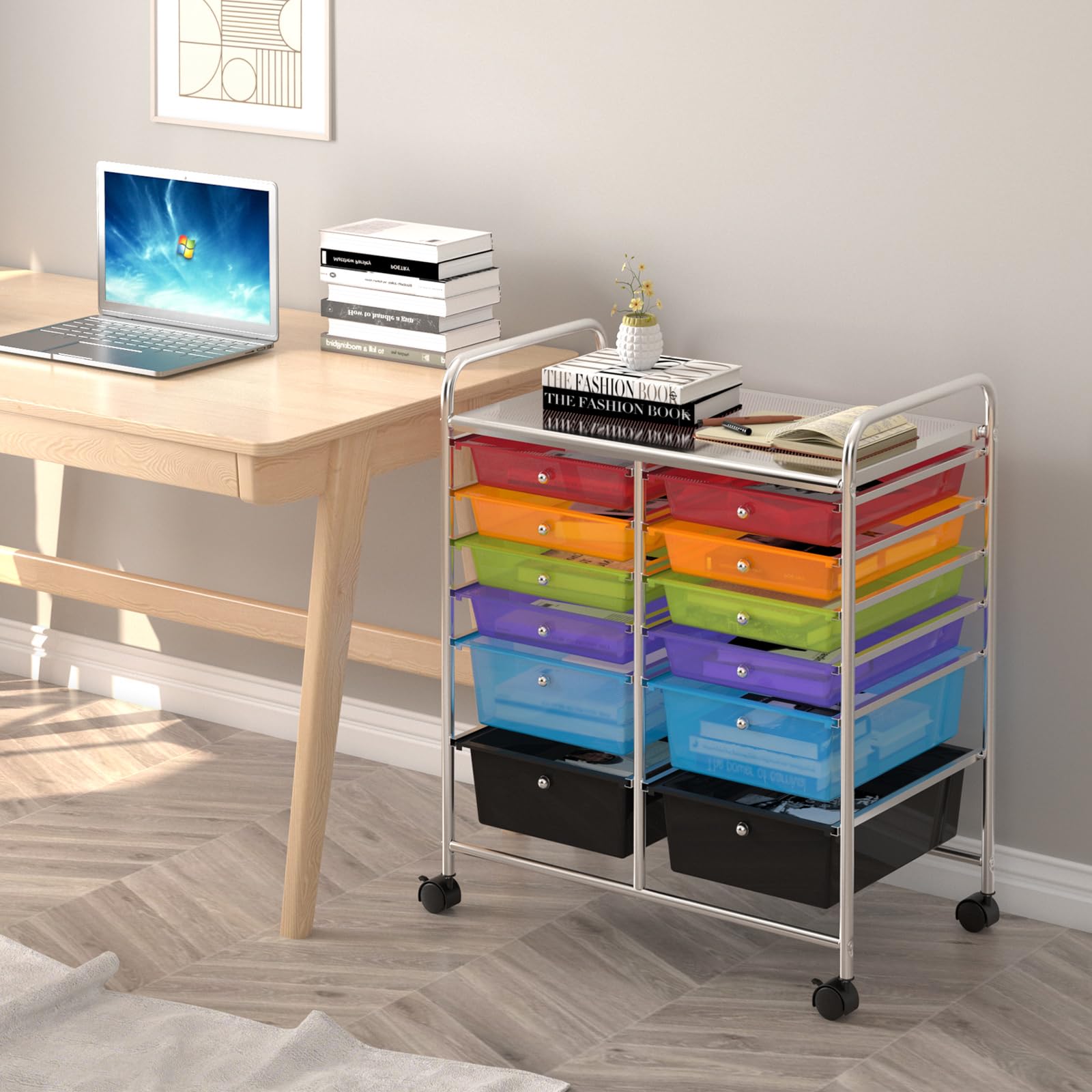 Giantex Chariot de Rangement à roulettes 12 Tiroirs Amovibles, Tour de Rangement Mobile Utilitaire à Plateau & Poignées, Desserte à roulettes pour Salon Bureau Chambre, 64x38x75CM (Multi-Transparent)