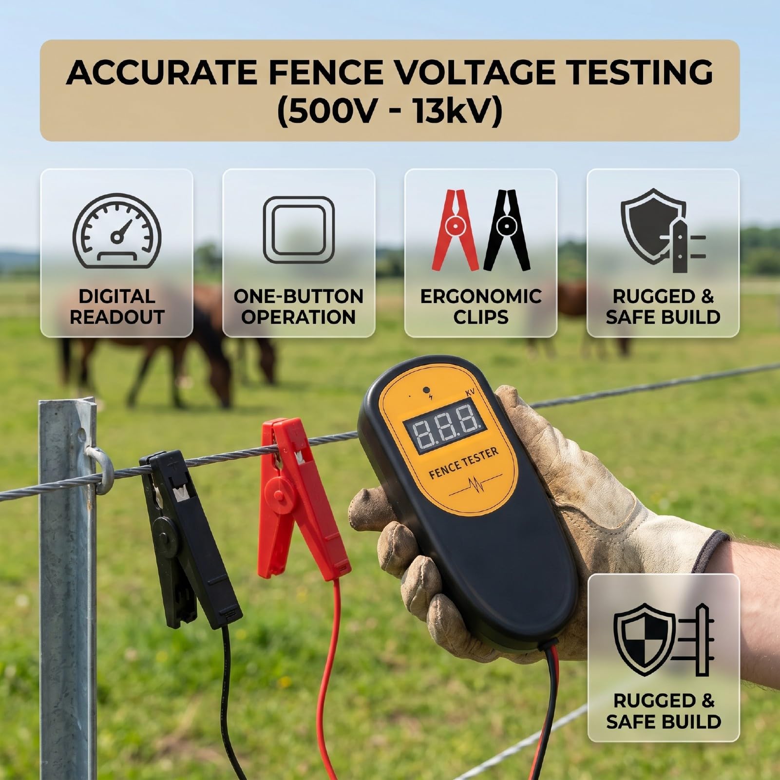 Tester di Tensione per Recinto Elettrico, Misuratore di Tensione Digitale a Impulsi da 500 V a 13 KV con Protezione del Circuito di Funzionamento a un Pulsante, Rilevatore di