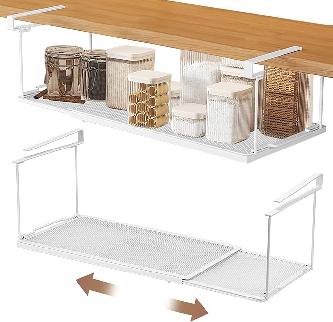 Unter Regal Hängekorb ausziehbar, Verstellbarer hängendes Unterschrankregal Metall 38.5-69cm, Küchenschrank Regal Organizer Metall, Aufbewahrungskorb unterregal für Küche Schrank Tisch Bad