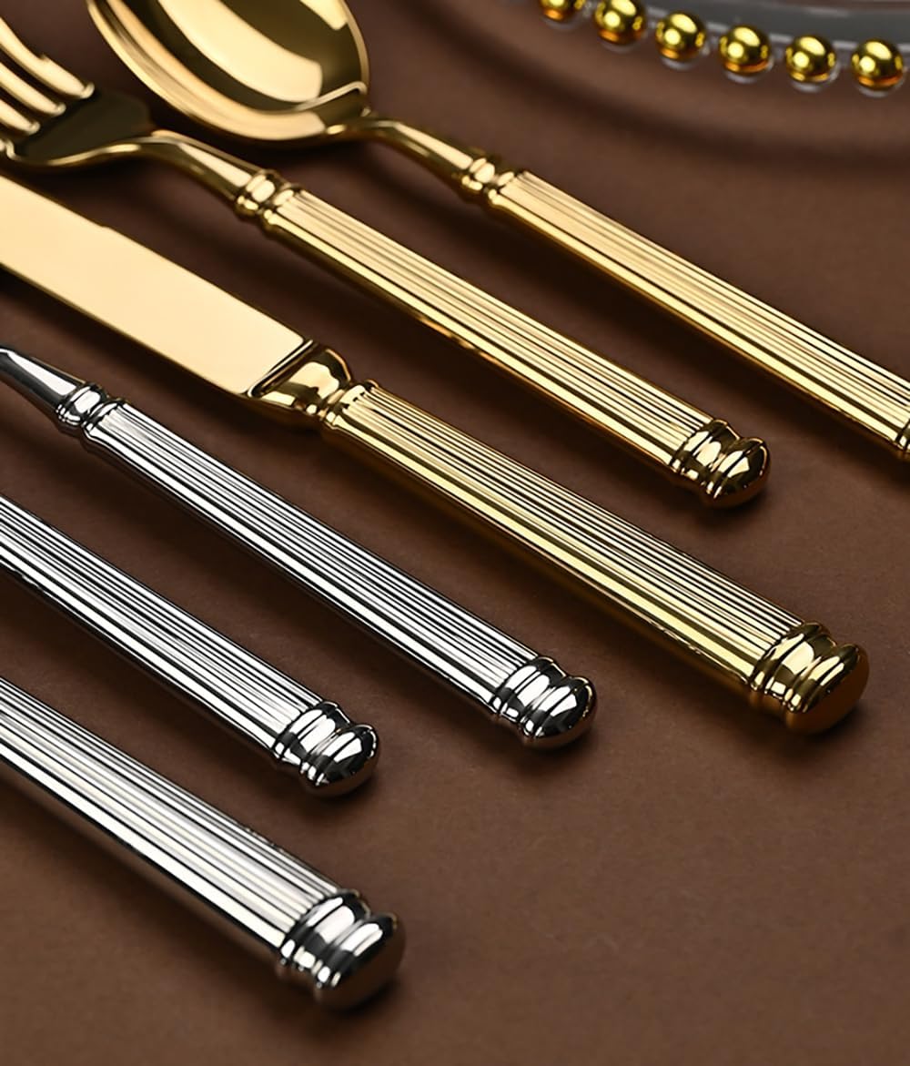 TWEE Gold Silverware Set for 4 Modern 20 Piece Flatware Set 18/10 Stainless Steel Unique Cutlery Set Roman Column Design Mirror Polished Dishwasher Safe Utensils Set for Home Kitchen Restaurant