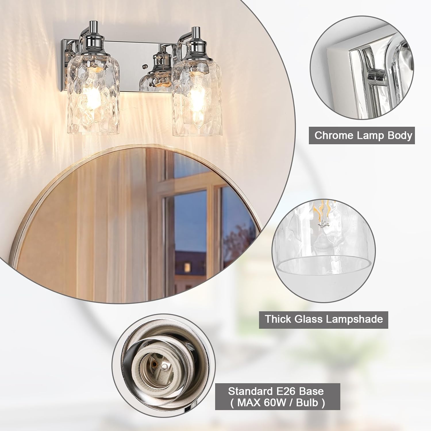 Bathroom Light Fixtures Over Mirror, 2 Lights Vanity Lights with Hammered Glass Shade, 12.7" Chrome Farmhouse Bathroom Light Fixtures for Bedroom, Porch, Hotel, Mirror Cabinet