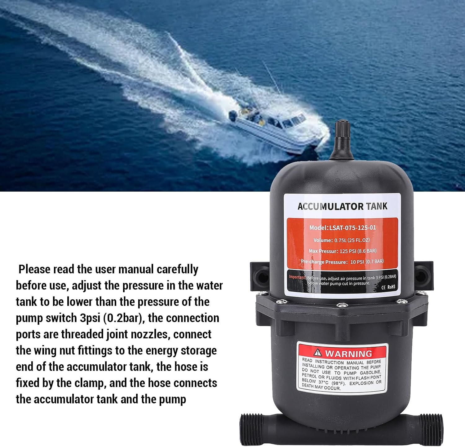 RV Pre Pressurized Accumulator Tank Maximum 125PSI 1/2 MNPT Port Fitting with 2 Clamps 1 PTFE Tape for RV