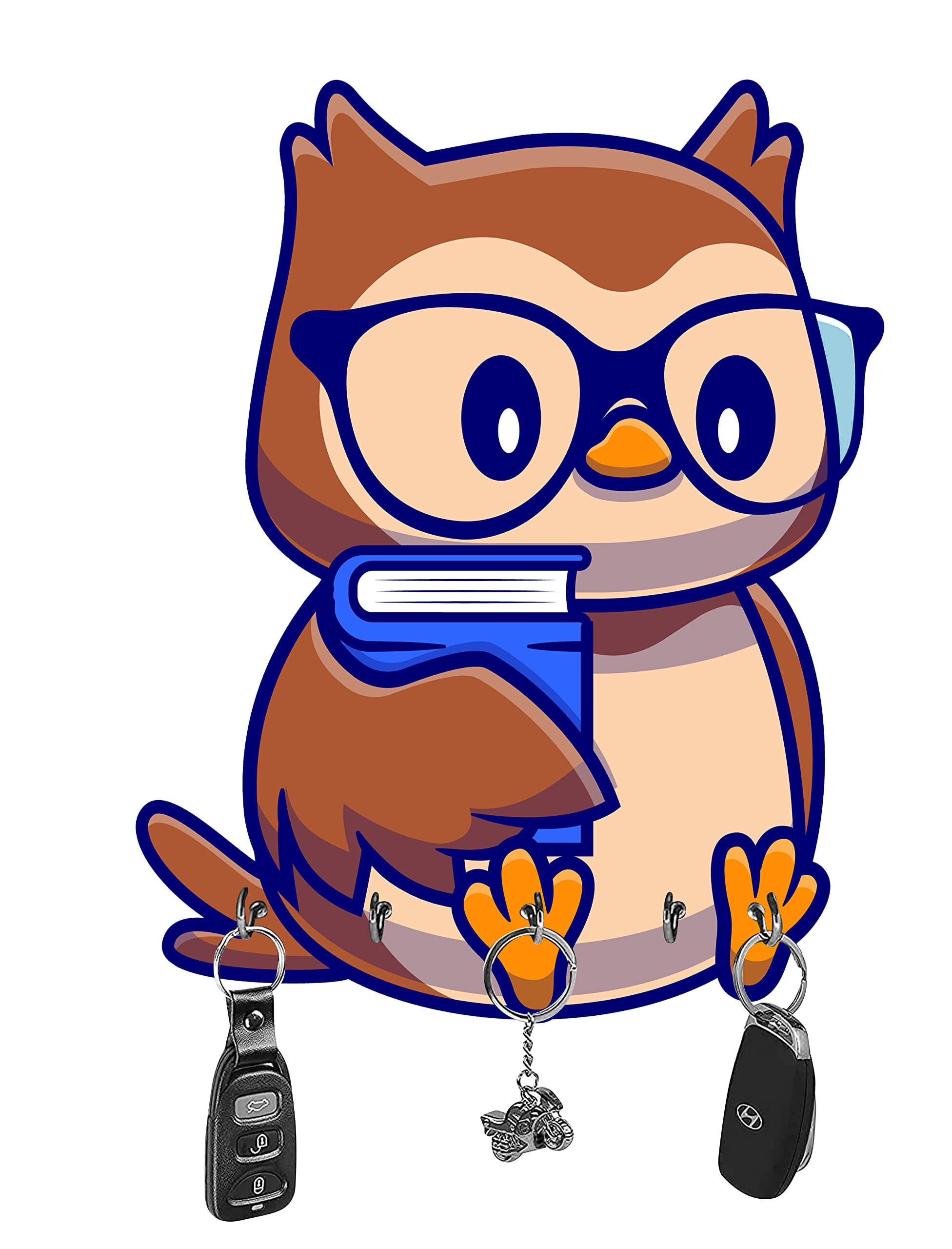 ANGEL INFINITE Studious Owl Design Glossy Printed Wooden Key Holder for Home and Office Décor | Antique Key Hooks & Key Chain Holder I Key Organizer Wall Mount (5 Hooks)