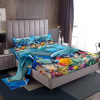 Castle Fairy Dolphin Fitted Sheet Set Full Size 4 Pcs,Fish Coral Ocean Adventure Teens Sheets,Watercolor Marine Animal Bedding Sets (1 Fitted,1 Flat,2 Pillowcases)